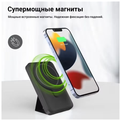 Внешний магнитный аккумулятор Powerbank 10000 mAh с беспроводной зарядкой MagSafe, Power Bank 3 в 1