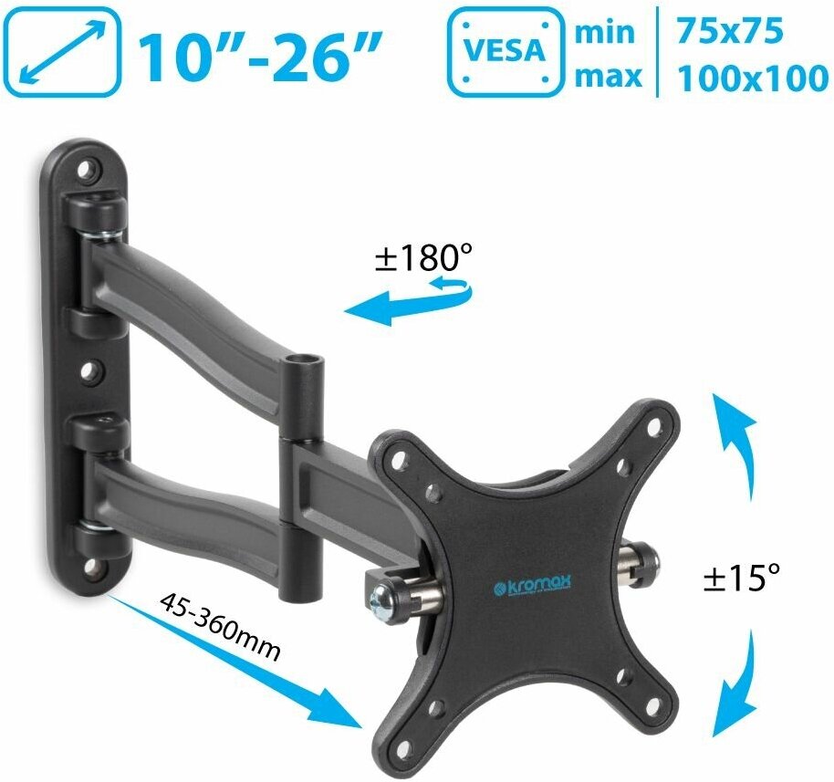 Кронштейн для телевизора на стену / крепление наклонно-поворотное Kromax TECHNO-1 / до 32 дюймов / vesa 100x100