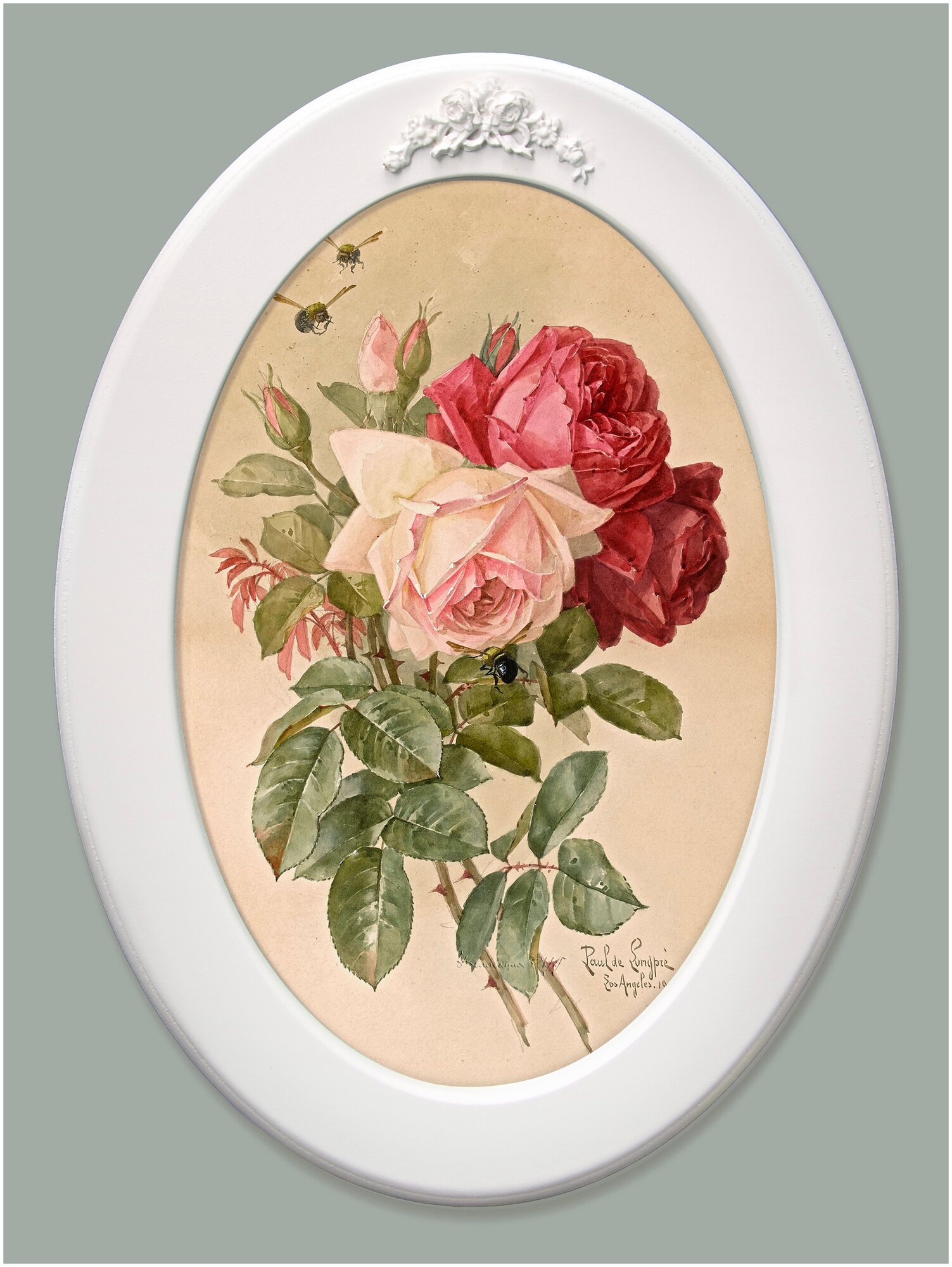 Картина на натуральном холсте в овальной деревянной раме с лепниной "Цветы прованса"