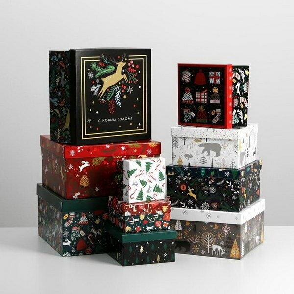 Набор подарочных коробок 10 в 1 "Новогодний", 10 x 10 x 6 - 28 x 28 x 15 см
