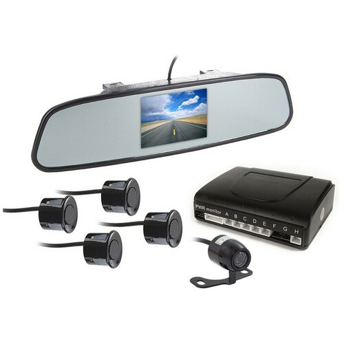 Парктроник с камерой заднего хода в зеркале MasterPark 604-4-PZ, четырьмя датчиками и монитором 4.3 дюйма в зеркале.