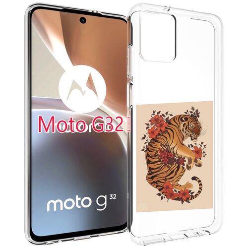 Чехол MyPads злой-тигр-с-цветами для Motorola Moto G32 задняя-панель-накладка-бампер