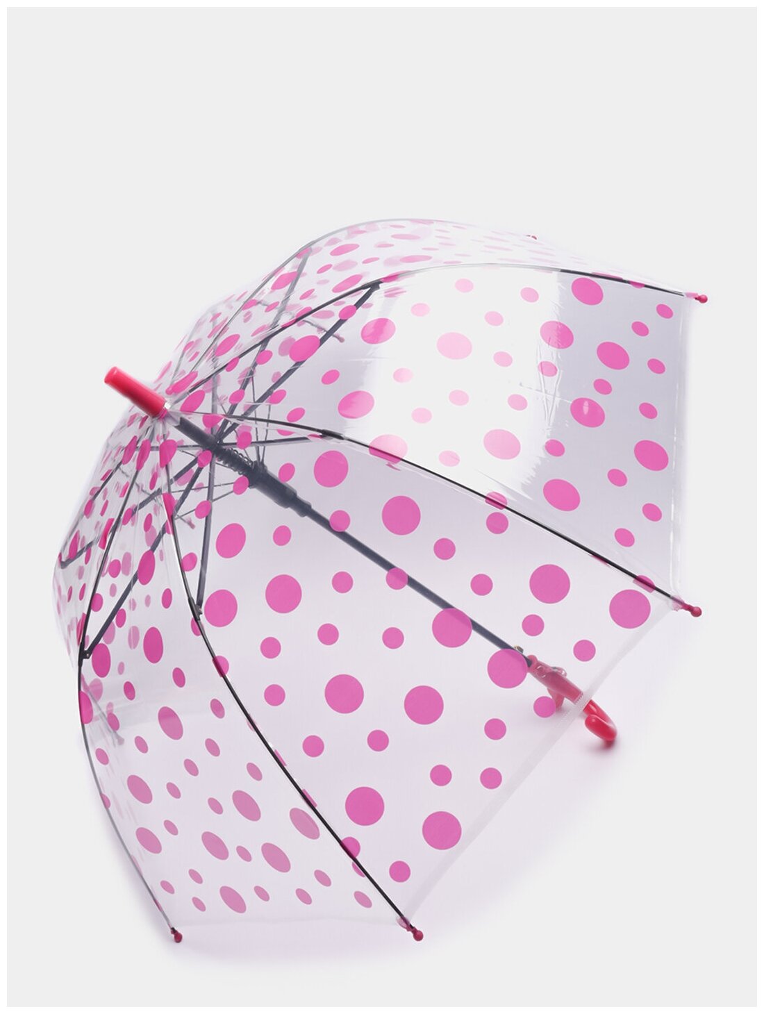 Прозрачный детский зонт-трость в фукси горошек