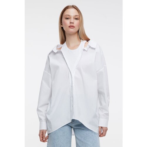 фото Блузка-рубашка oversize хлопковая с вшитой майкой befree 2321475330-1-xl белый размер xl
