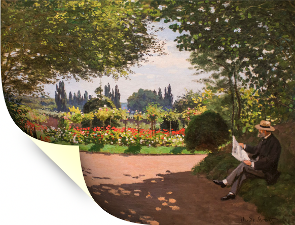 Картина для интерьера "Адольф Моне читает в саду", Клод Моне, печать на холсте (39х30 см / без подрамника)