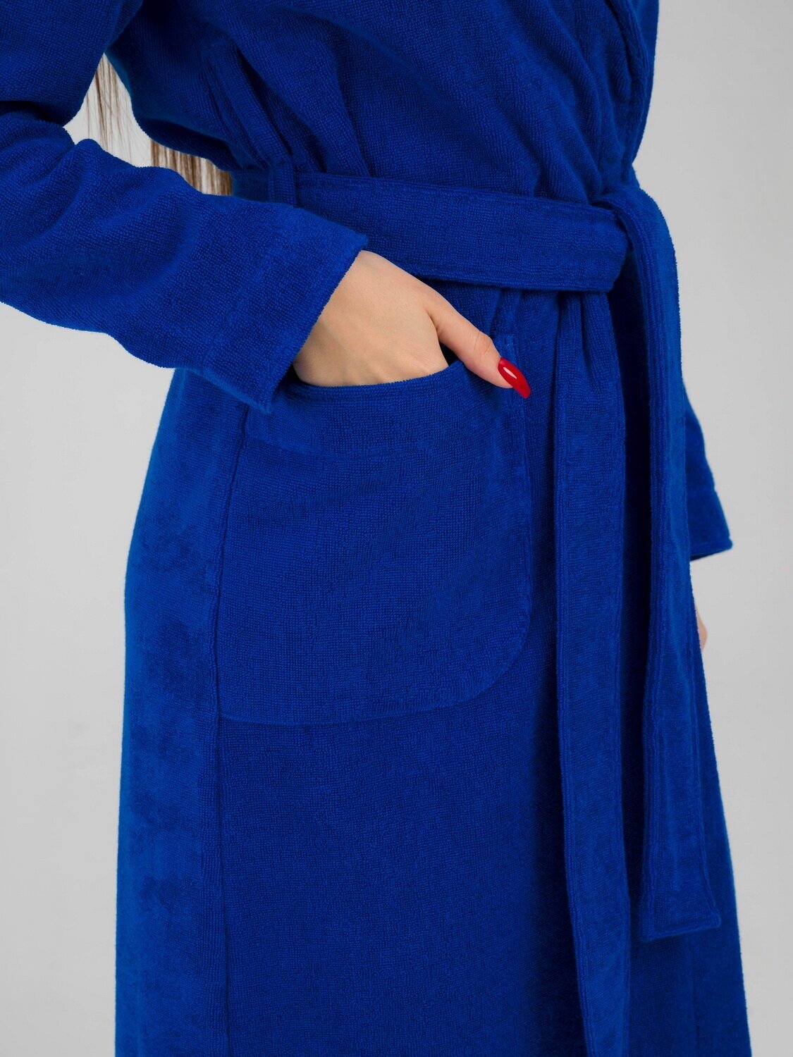 Женский махровый халат с шалькой, синий - фотография № 5