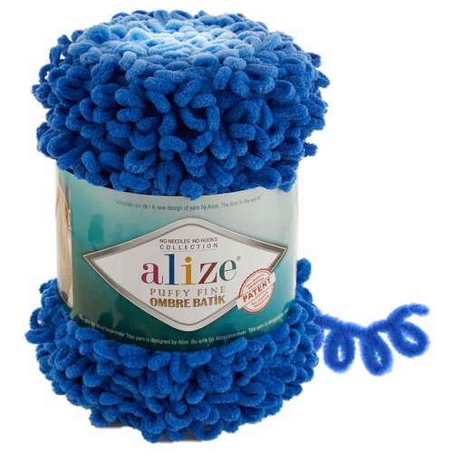 фото Пряжа alize puffy fine ombre batik (ализе пуффи файн омбре батик) - 1 моток 7280 синий, для вязания рукми, маленькие петельки (2см), 73м/500г