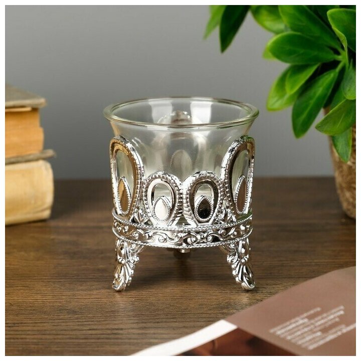 Подсвечник стекло на 1 свечу "Капельки" серебро 7х6х6 см