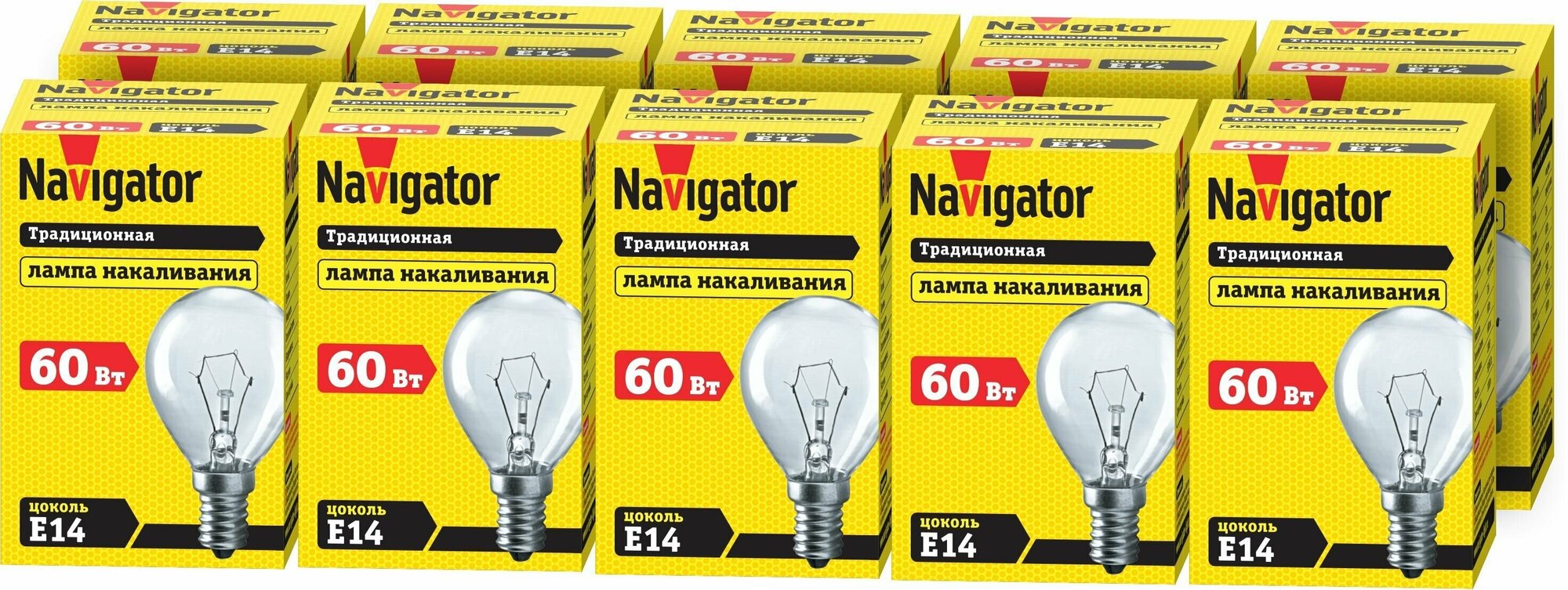 Лампа накаливания Navigator 94 316 NI-C, 60 Вт, шар, цоколь Е14, упаковка 10 шт.