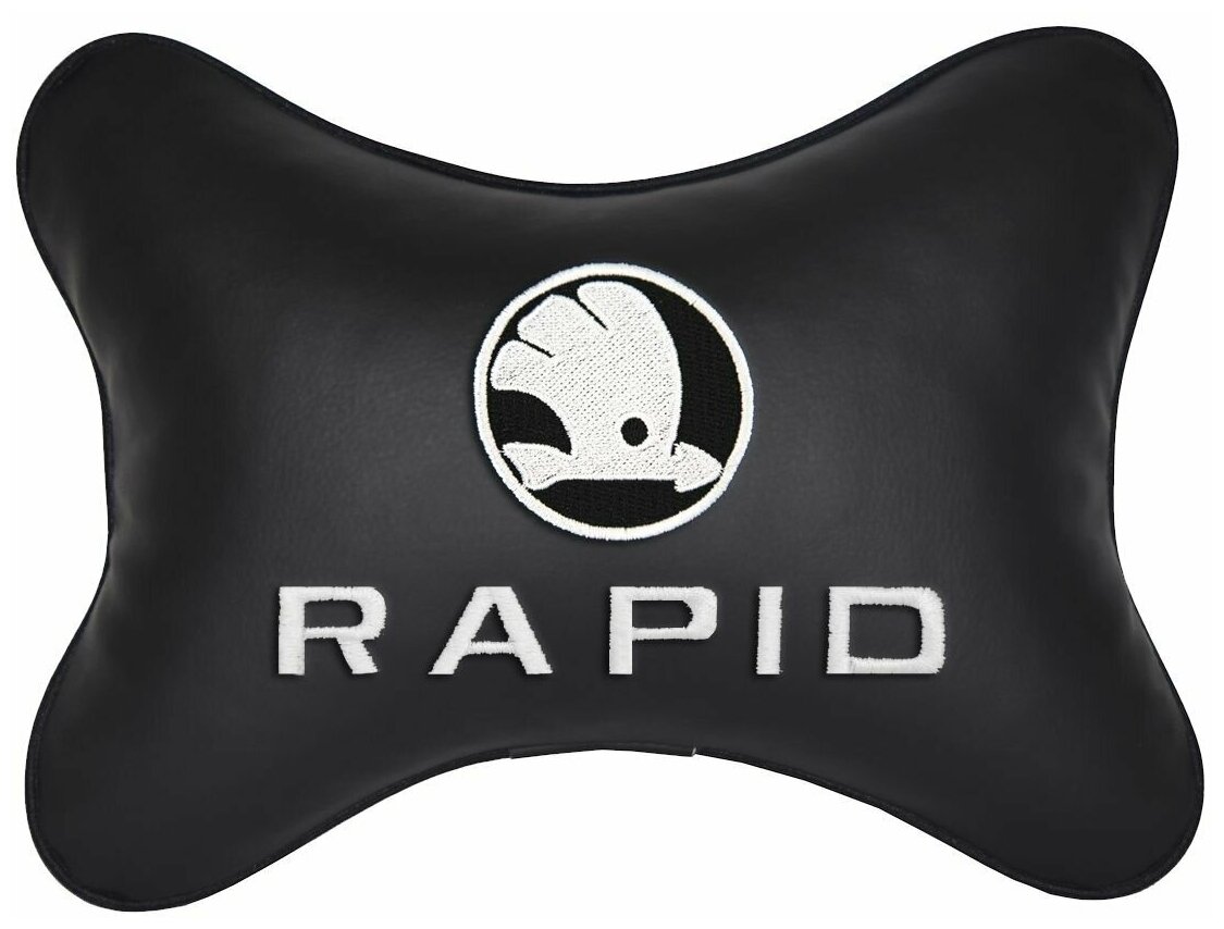 Автомобильная подушка на подголовник экокожа Black с логотипом автомобиля SKODA RAPID
