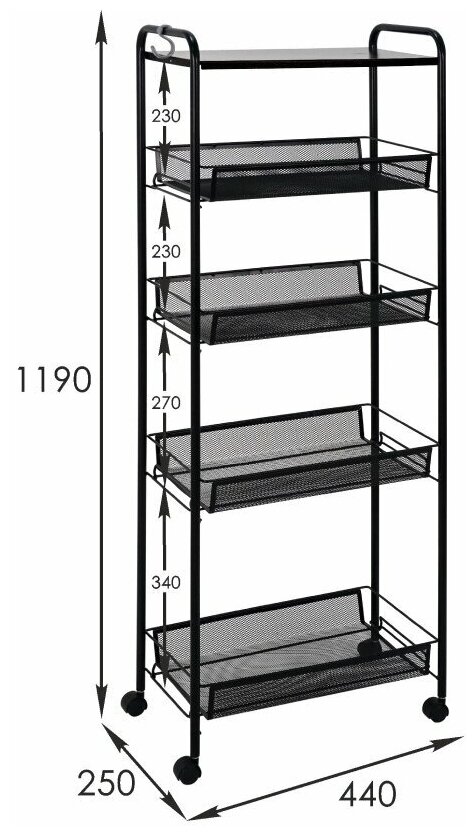 Этажерка сталь, 5 секций, 44х25х119 см, с мелкосетчатыми корзинами, черная, ЗМИ, Ладья 25КС, Э 443 Ч