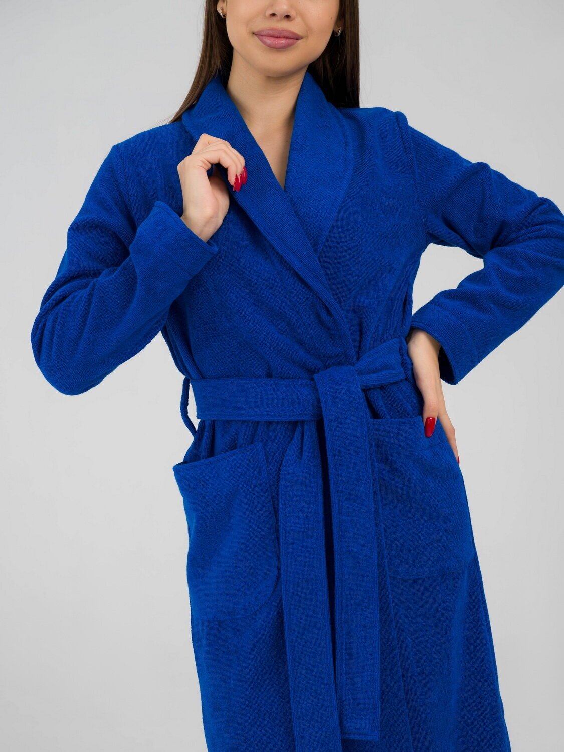 Женский махровый халат с шалькой, синий - фотография № 4
