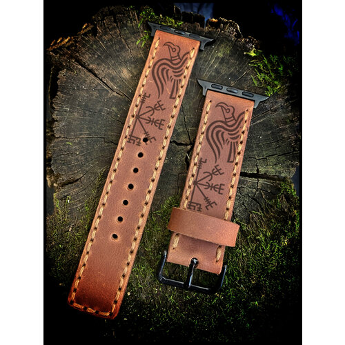 Ремешок из натуральной кожи для Apple Watch 38/40/41 mm гравировка ворон / 170-200 мм / желто-коричневый