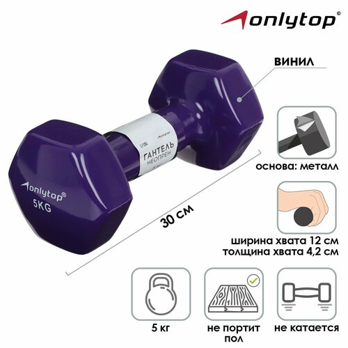 Гантель виниловая ONLYTOP, 5 кг гантель неразборная 1 5 кг винил 1шт