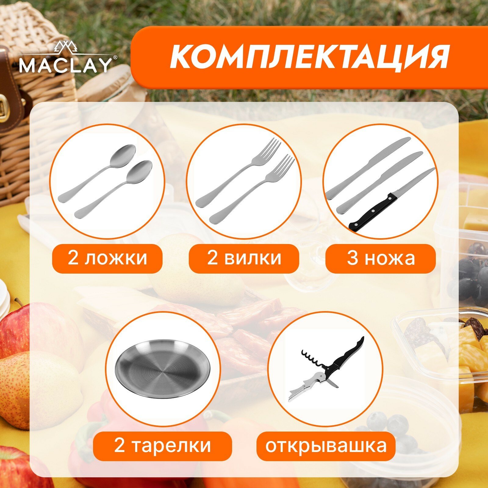Набор для пикника , нержавеющая сталь (3 ножа,2 вилки,2 ложки,2 тарелки, открывашка) — фото 6