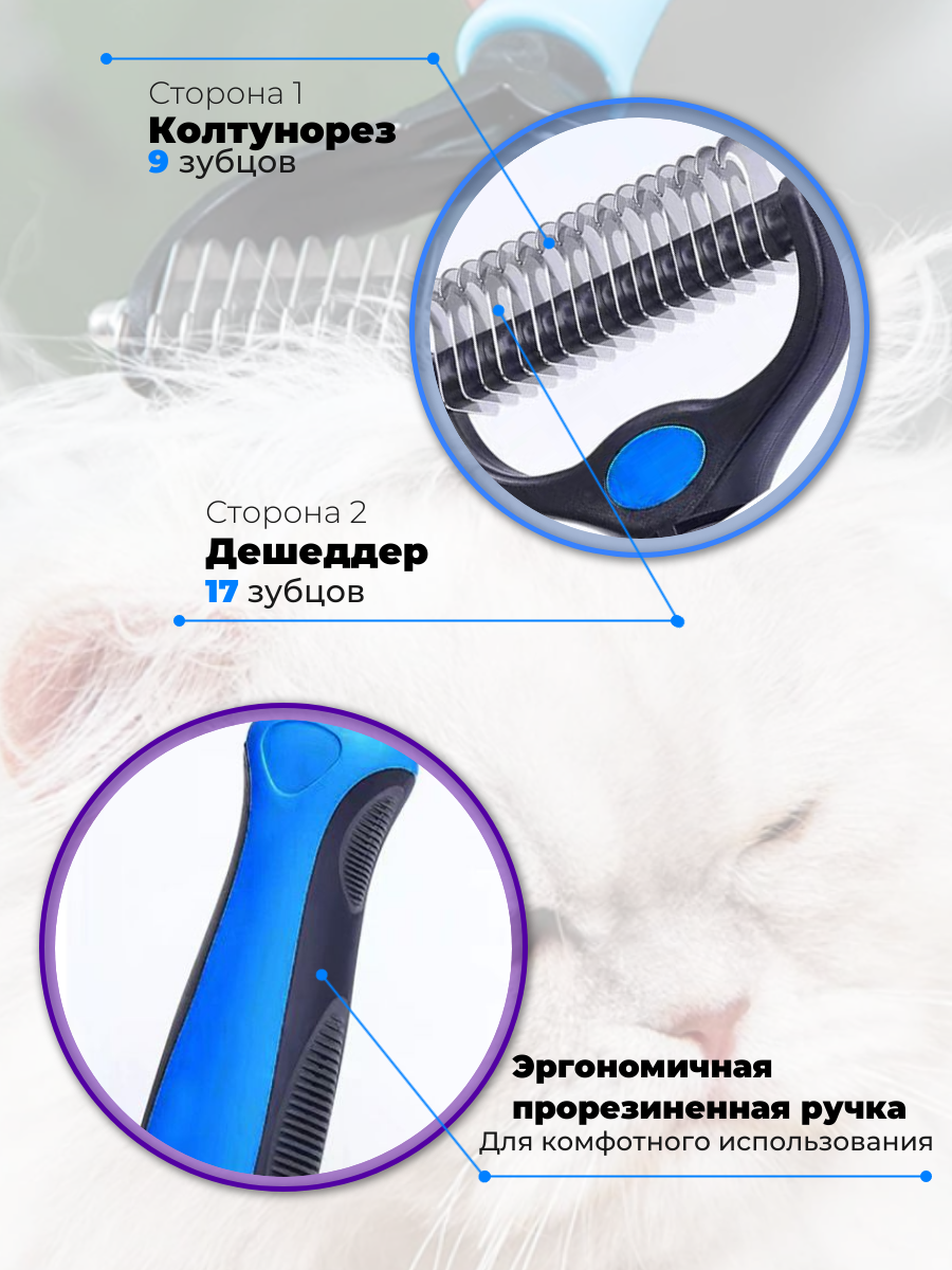 Дешеддер-колтунорез для кошек и собак, чесалка, щетка для вычесывания шерсти, синяя, Maxintro - фотография № 2
