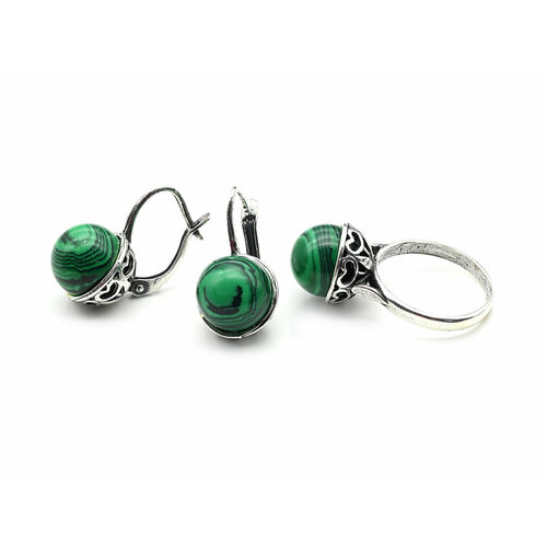 фото Комплект бижутерии: кольцо, серьги, малахит синтетический, размер кольца 18, зеленый кольцо серьги с малахитом имитация размер 18