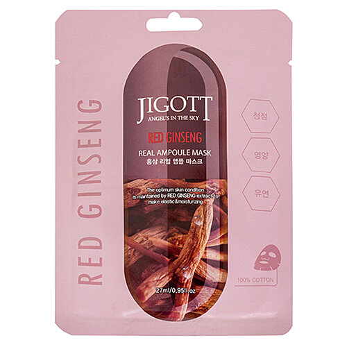 Jigott Маска ампульная с экстрактом красного женьшеня - Red ginseng real ampoule mask, 27мл, 4 штуки