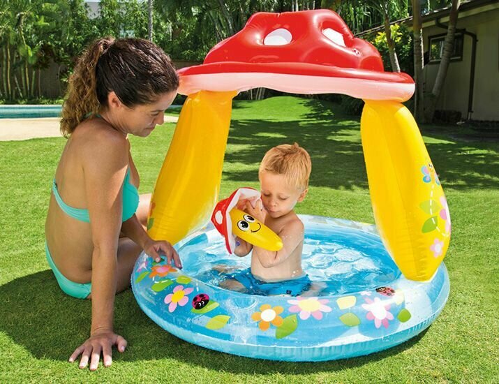 Надувной бассейн Мухомор надувное дно и тент INTEX 102х89 см от 1 до 3 лет 57114