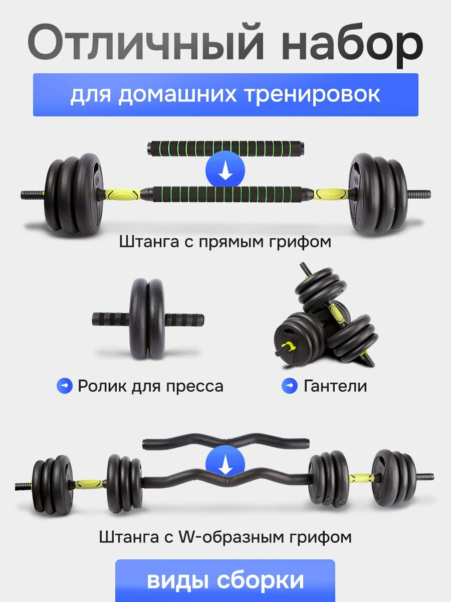 Гантели 40 кг, в комплекте ролик для пресса, штанга, 16 дисков: 8 шт. х 3 кг, 4 шт. х 2.5 кг, 4 шт. х 1.25 кг — фото 1