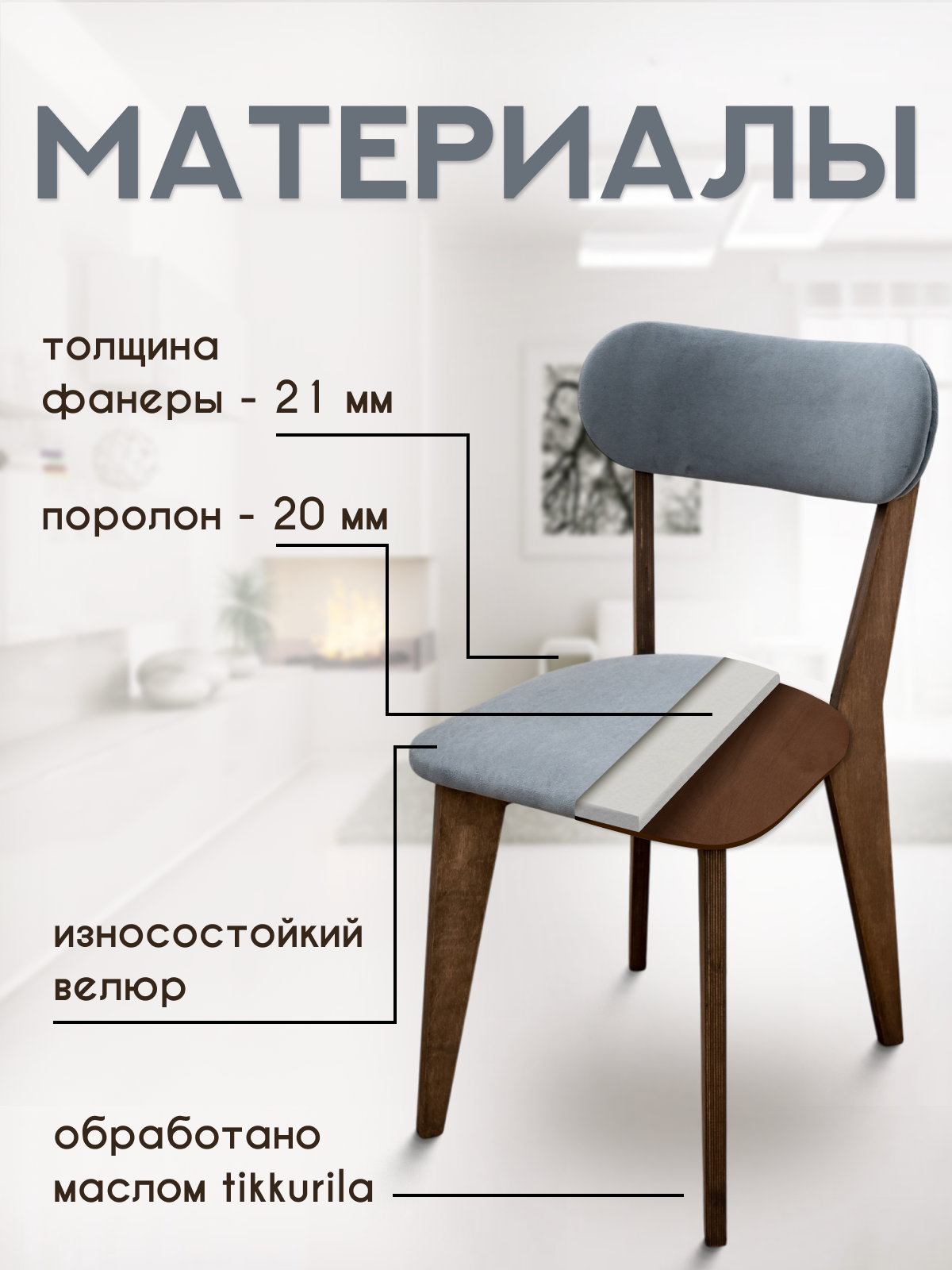 Стулья для кухни SANYAK комплект 2 шт мягкие со спинкой для обеденной зоны, велюр, Серый — фото 1