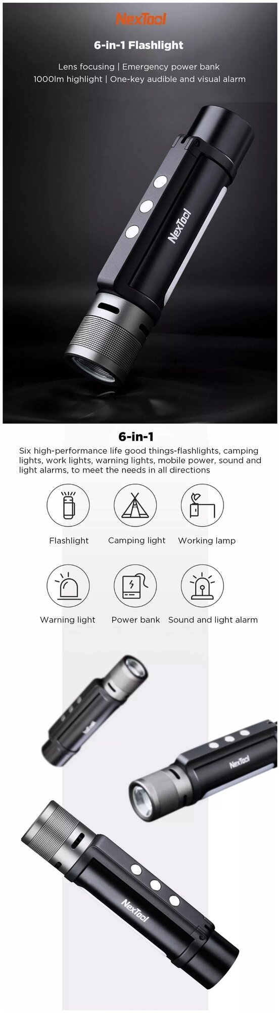 Многофункциональный фонарик Xiaomi NexTool Natuo Outdoor 6 in 1 Flashlight Black (NE20030) - фото №9