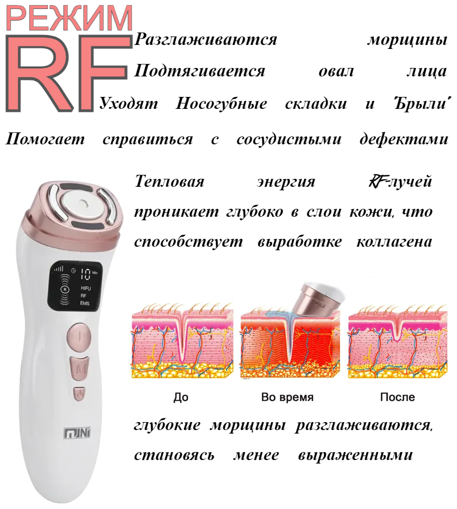 Массажер для лица 4в1 / RF Лифтинг / SMAS лифтинг / EMS Микроток / LED Светотерапия