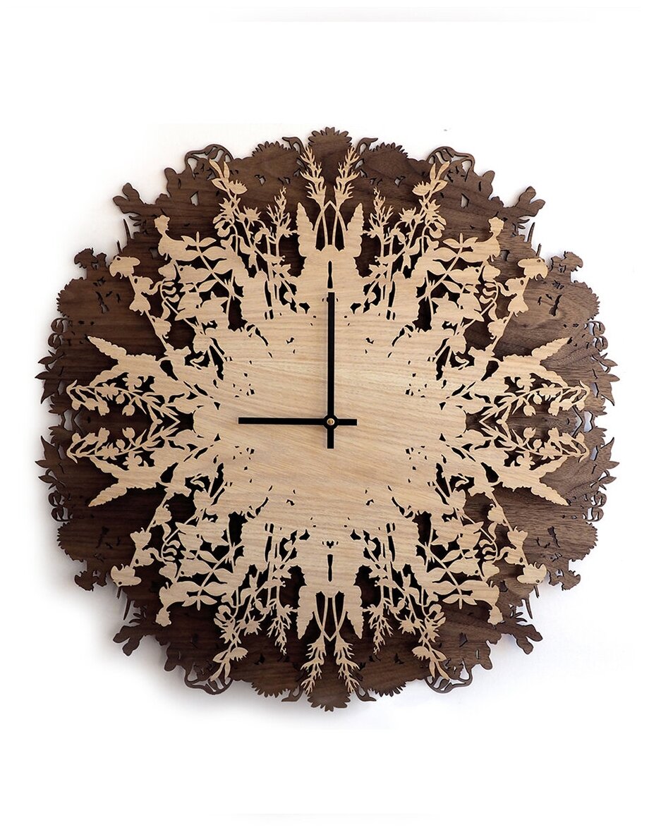 Часы настенные большие "Ботаника" 60 см деревянные, шпона ореха и дуба, в гостиную