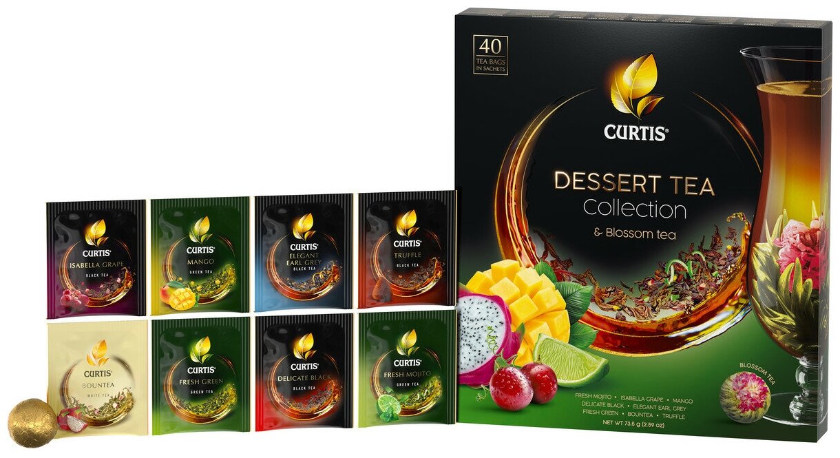 Подарочная упаковка: Чай ассорти Curtis "Dessert Tea Collection & Blooming" 40 пакетиков 8 вкусов + чай-цветок