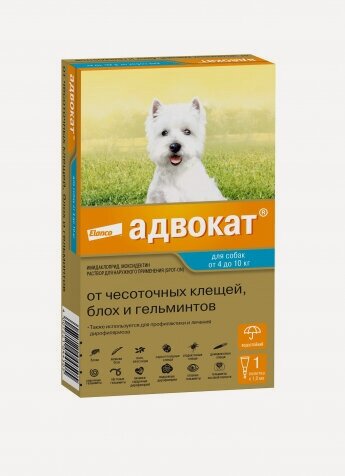 Изображение товара Капли Elanco Адвокат 100 от чесоточных клещей, блох и гельминтов для собак 4-10 кг (1 пипетка х 1 мл)