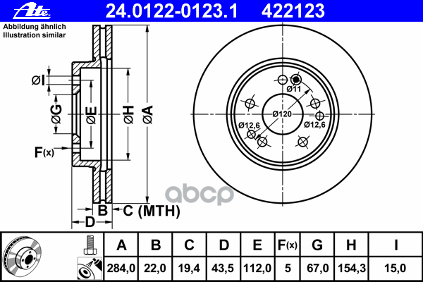 Диск Торм Mer W124 85-/W201 3.0 Пер Вент 284X22 Ate арт. 24.0122-0123.1
