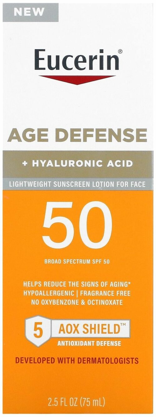 Eucerin, Age Defense, легкий солнцезащитный лосьон для лица, SPF 50, без отдушек, 75 мл