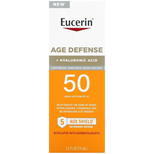 Eucerin, Age Defense, легкий солнцезащитный лосьон для лица, SPF 50, без отдушек, 75 мл легкий солнцезащитный лосьон eucerin age defense spf 50 75 мл