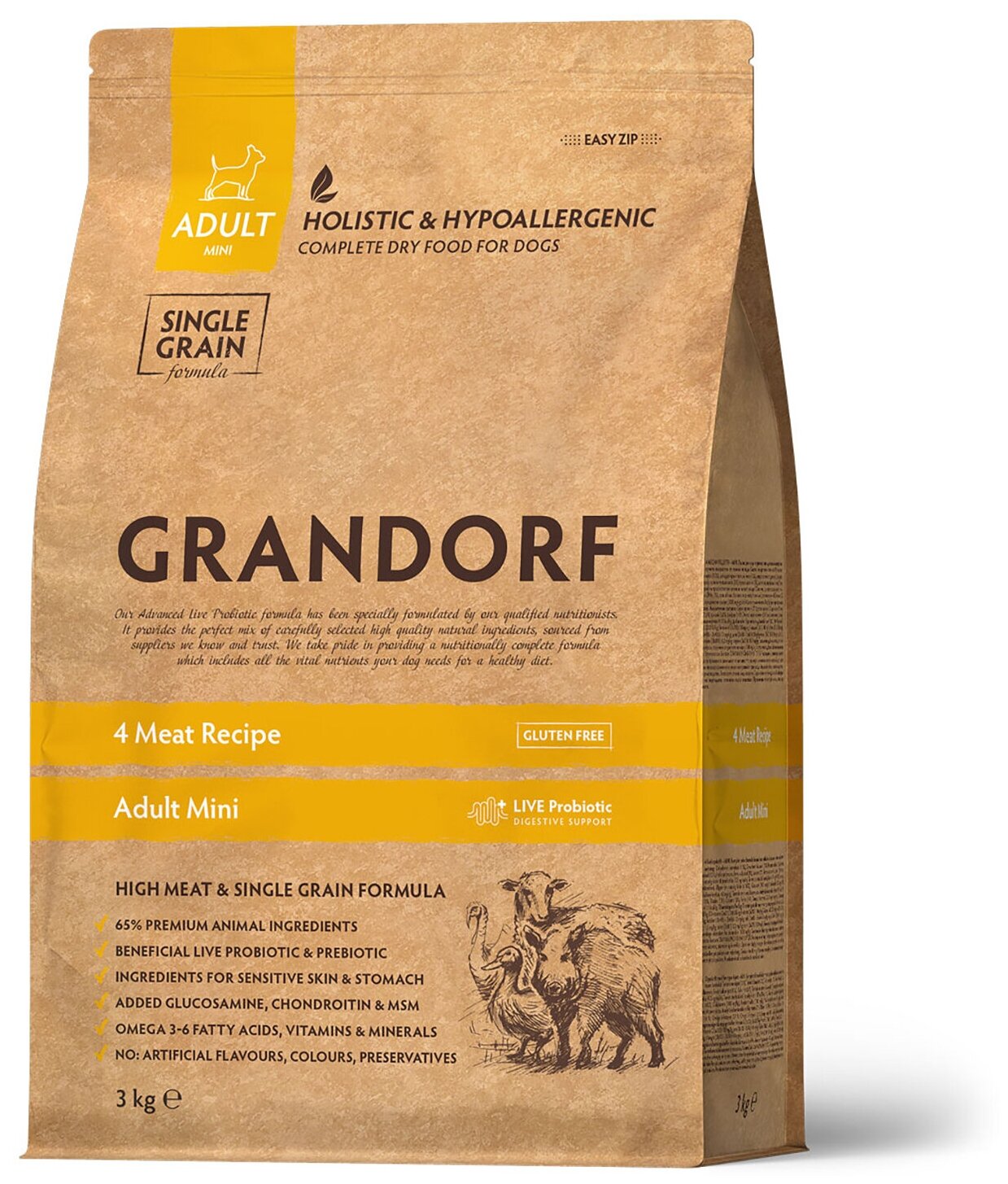 Сухой корм для собак мелких пород GRANDORF. 4 Мяса - Пробиотик. 3кг