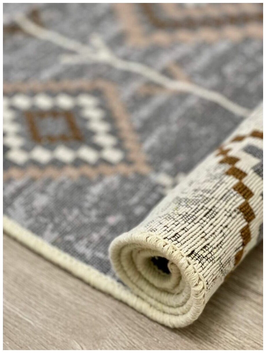 Турецкая ковровая дорожка 80 см на 200 см / двусторонний безворсовый ковер / серо-бежевый килим в прихожую Musafir Home