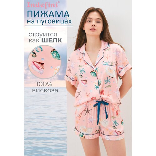 фото Пижама indefini, шорты, рубашка, застежка пуговицы, короткий рукав, размер xl(50), розовый