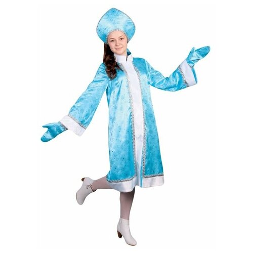 Карнавальный костюм Снегурочка, атлас, прямая шуба с искрами, кокошник, варежки, цвет голубой, р-р 52