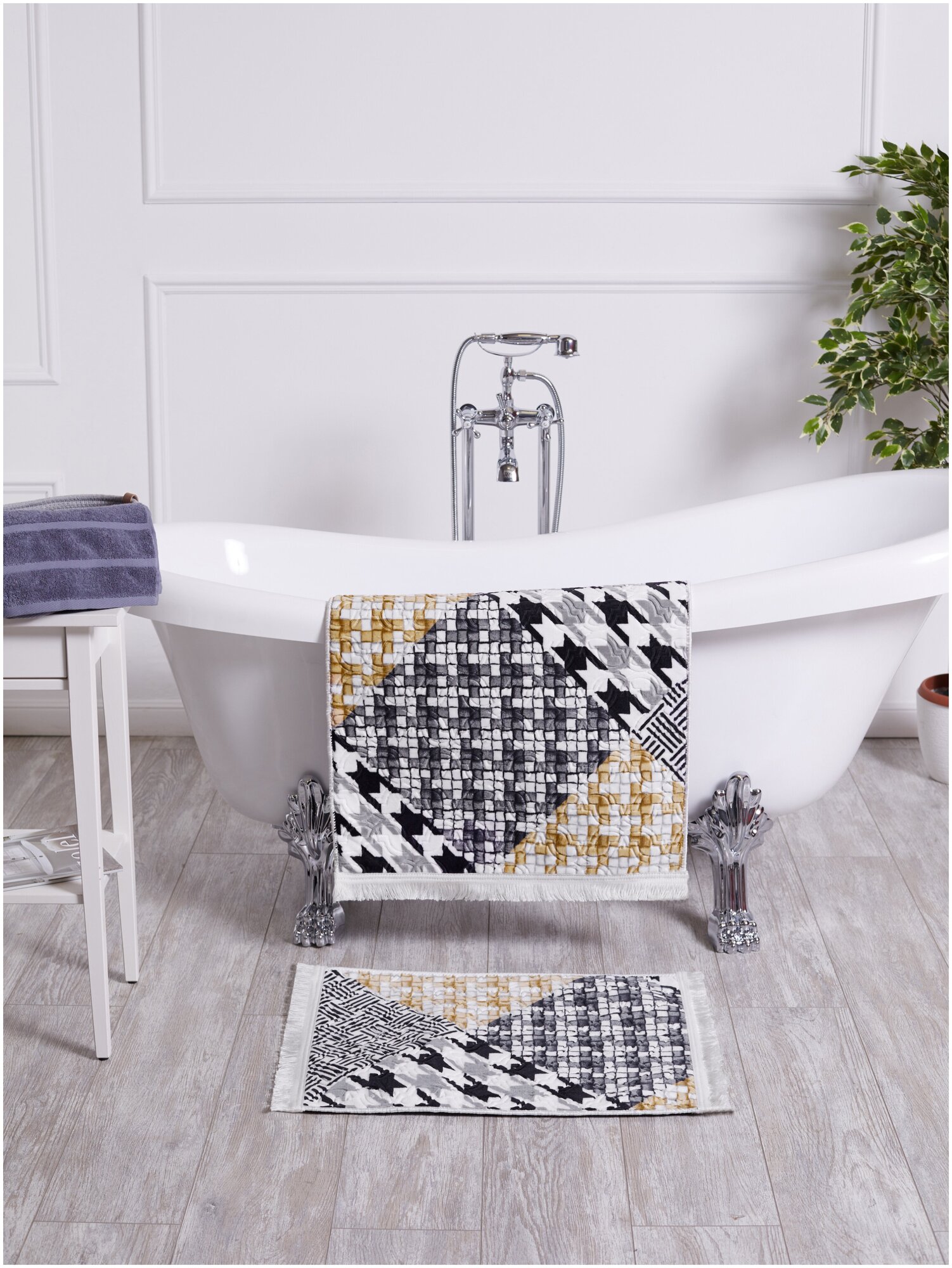 Коврик для ванной и туалета, 60x100/50x60 см, цвет Черно-Бежевый - фотография № 3