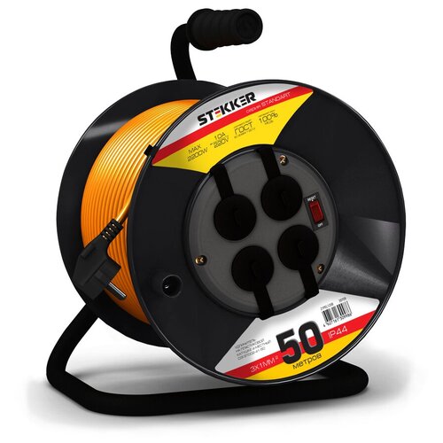 Удлинитель на пластиковой катушке Stekker STD02-41-50 50м, 4 гнезда с/з 3*1, оранжевый, серия Standart (UG)