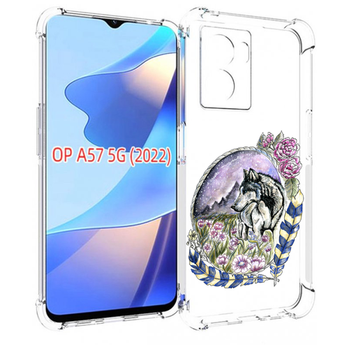Чехол MyPads нарисованный волк в цветах с перьями для OPPO A57 5G(2022) задняя-панель-накладка-бампер
