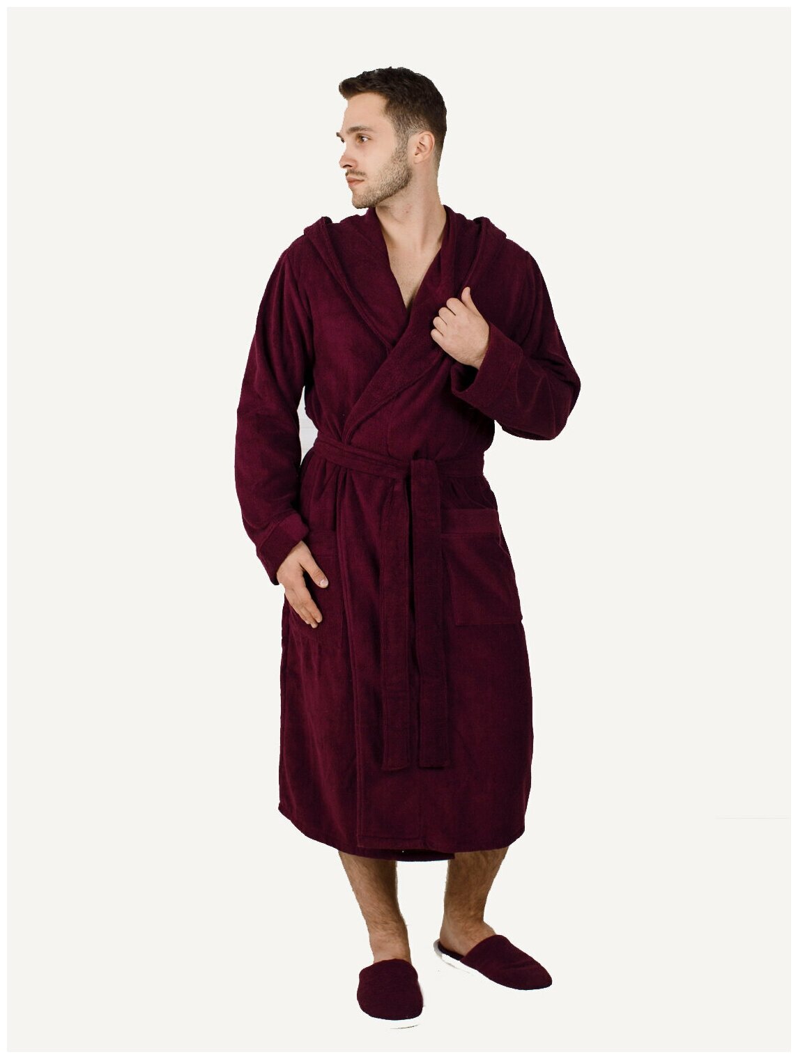 Мужской махровый халат с капюшоном, Темно-бордовый - фотография № 4