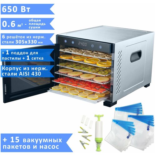 Сушилка для фруктов и овощей VIATTO VA-DG6SS 6 решёток 1 поддон для пастилы и 1 сетка нержавеющая сталь 650 Вт комплект для вакуумирования 1509000₽