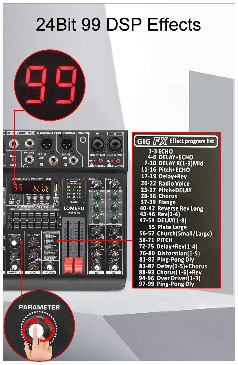 Беспроводной 7-полосный EQ звуковой микшер LOMEHO AM-GT6  6-моно-канальный миксер DJ-консоль с USB 2 AUX выходом