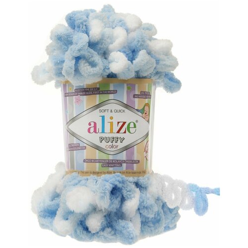 Пряжа Alize Puffy Color/Ализе Пуффи Колор/ 9м, 100г / 5865 белый-голубой - 1 шт новинка наволочки мятно зеленые синие современные геометрические наволочки в скандинавском стиле для диванных подушек декоративные нав