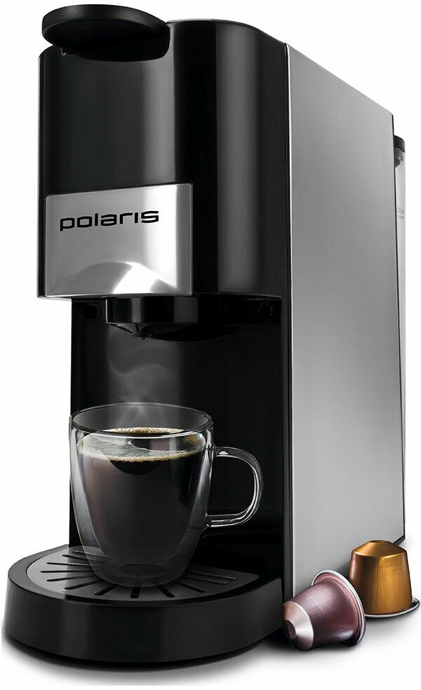 Кофеварка Polaris PCM 2020 3-in-1, тип капсул (Nespresso, Dolce-Gusto, молотый кофе), нержавеющая сталь/ черный, 20 бар — фото 1