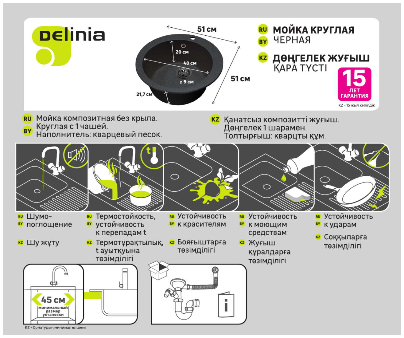 Мойка врезная DELINIA круглая 51x51 см глубина 20 см кварц цвет чёрный - фотография № 3