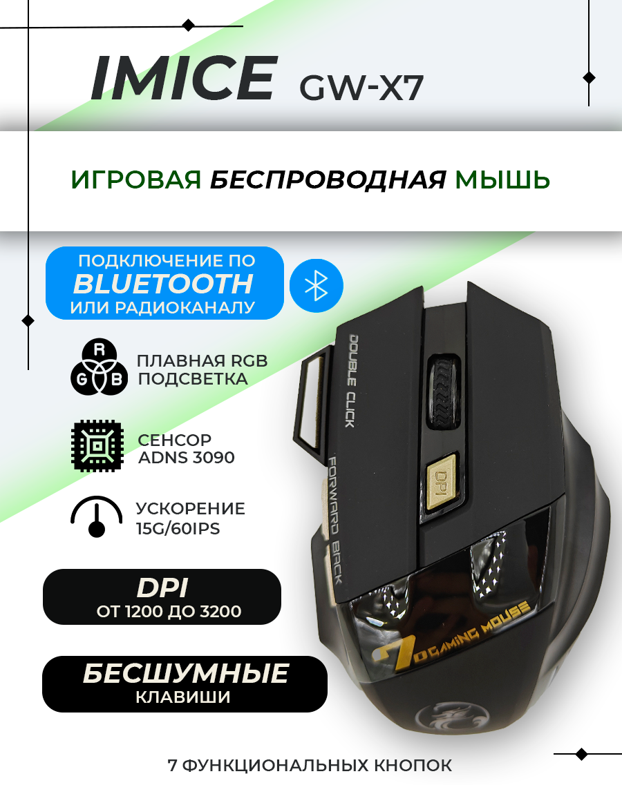 Игровая компьютерная мышь беспроводная GW-X7 RGB с бесшумным кликом Bluetooth цвет черный