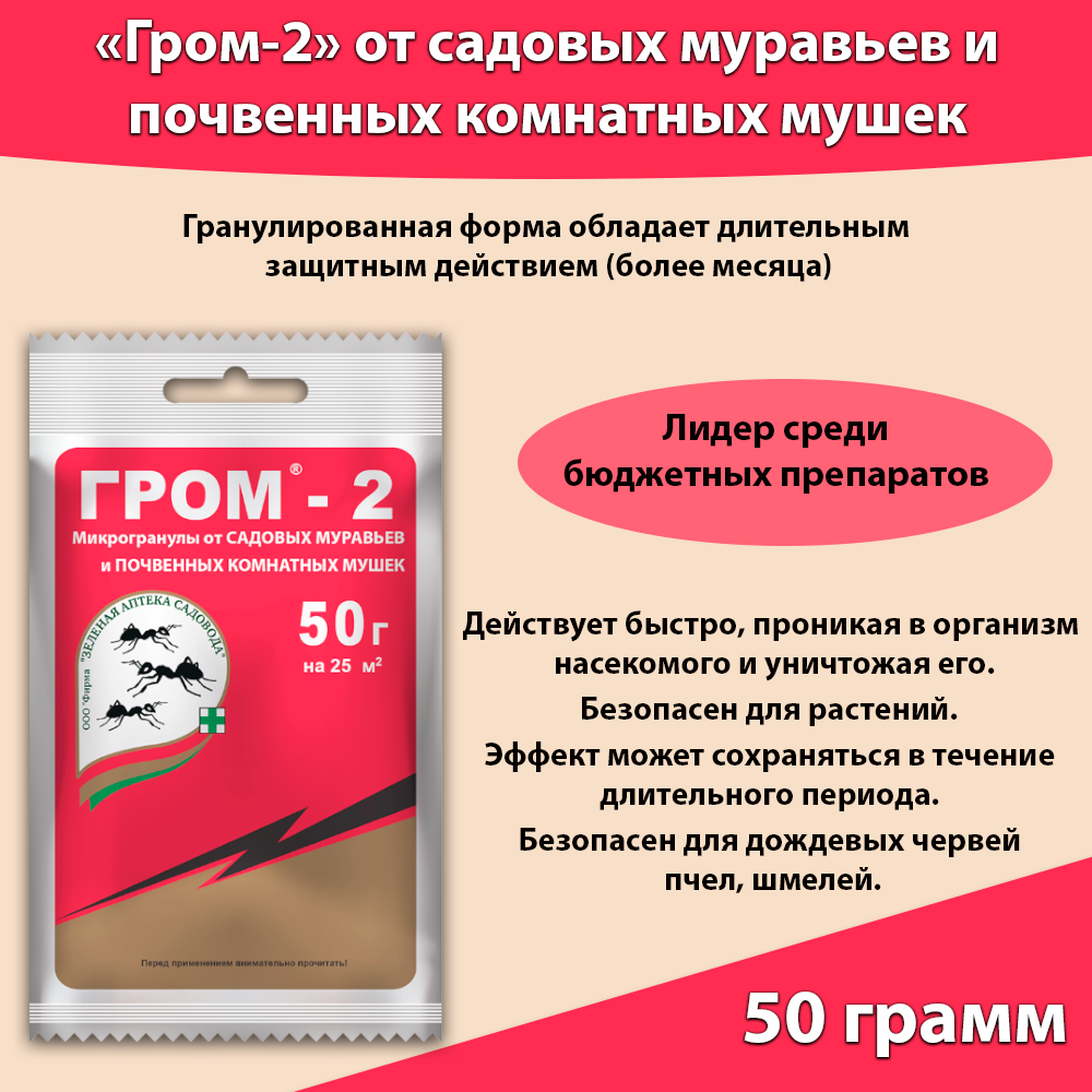 Средство от садовых муравьев и комнатных почвенных мошек Гром 2, 50 грамм