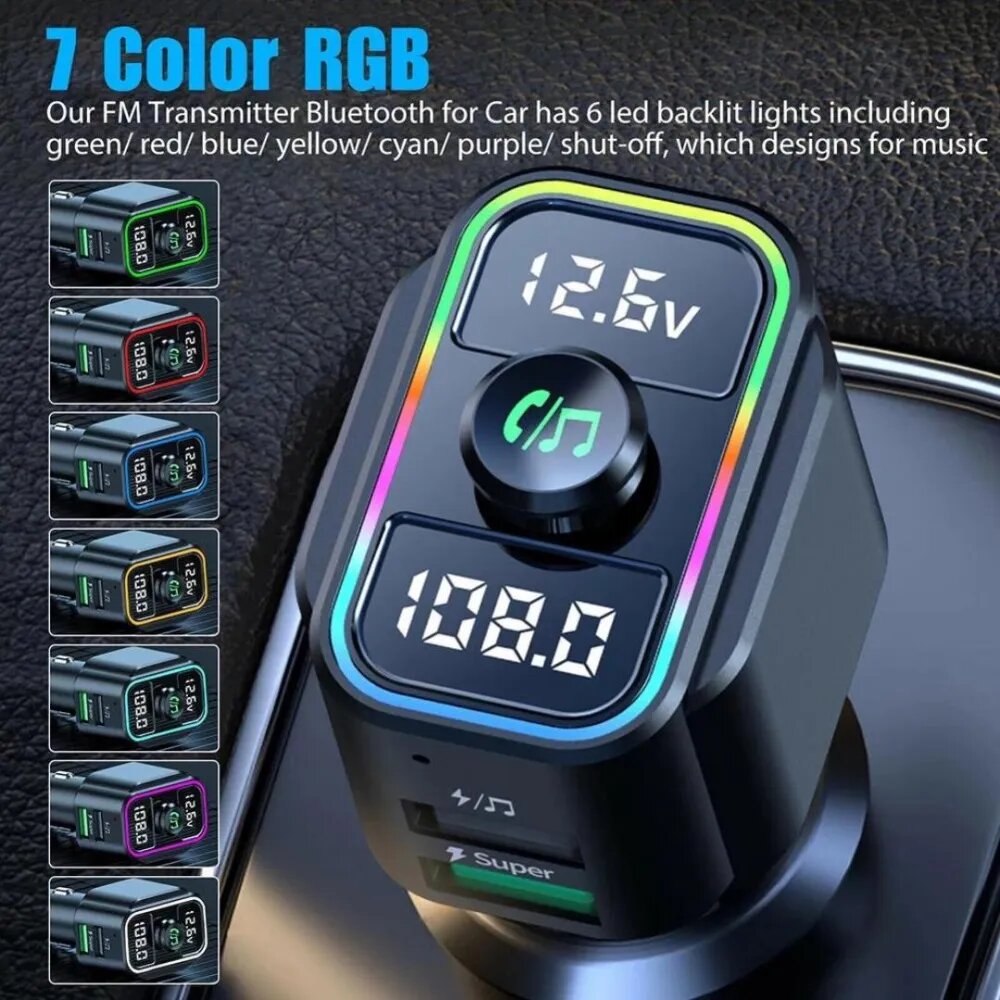 FM трансмиттер Bluetooth с RGB подсветкой PREMIUM / Модулятор автомобильный / Адаптер быстрой зарядки 2 USB 1А + 3.1 A TDS-21