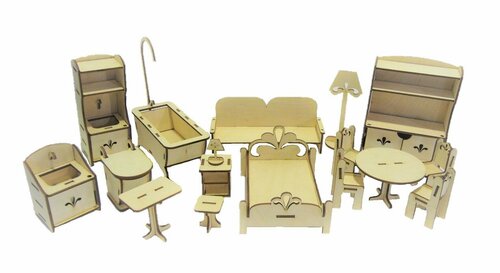 Деревянный набор мебели №3-3 в кукольный домик - 17 предметов для кукол 30 см